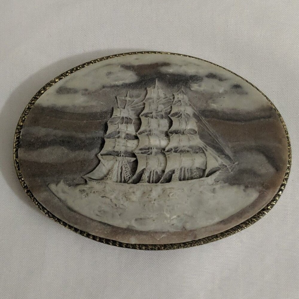 Vintage Incolay Stone Belt Buckle Cameo Sailing Ship Boat Clipper Nautical